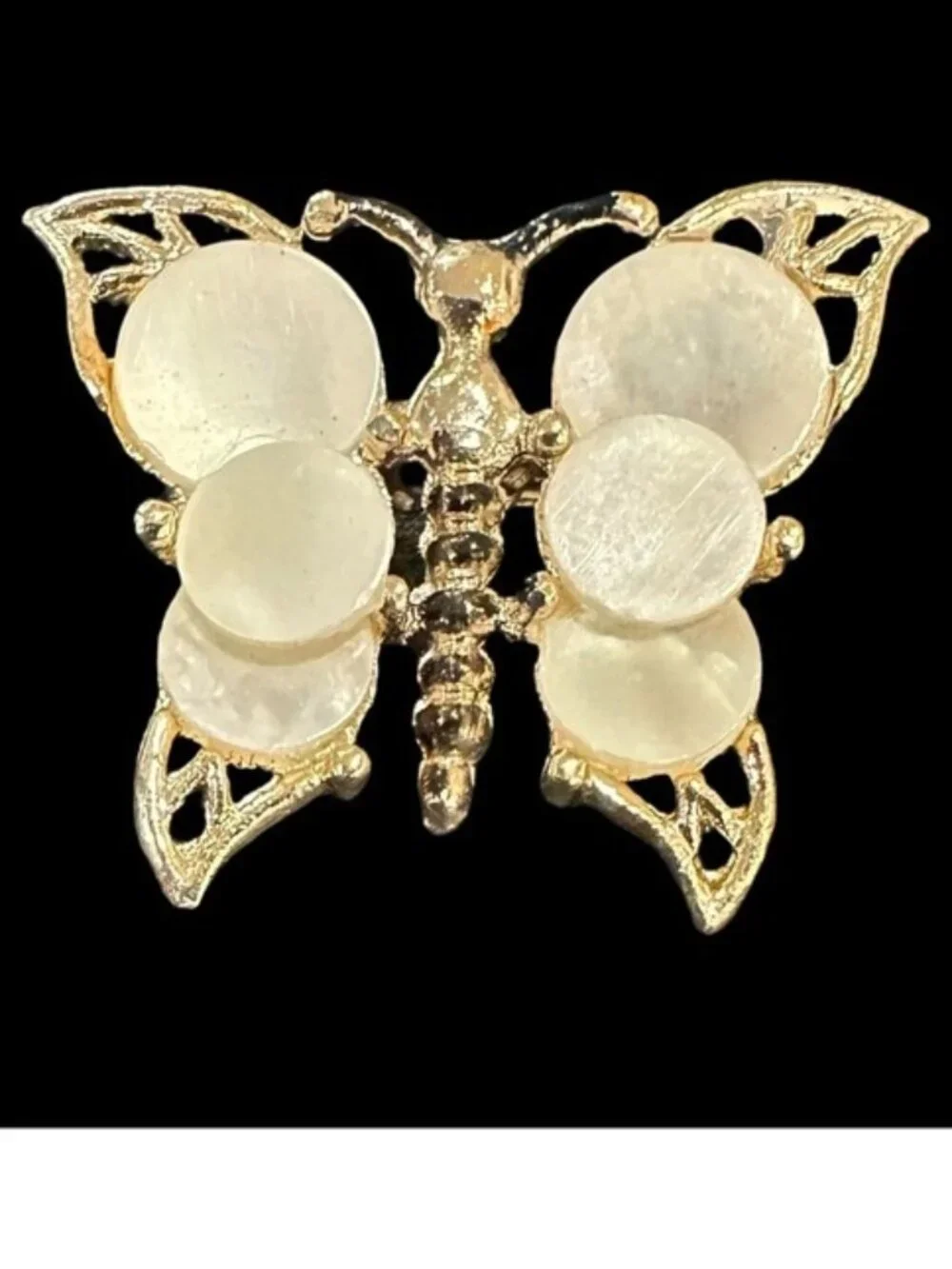 Gold Butterfly Brooch With Round Shell Accents Vintage Style Pin Elegant Jewelry